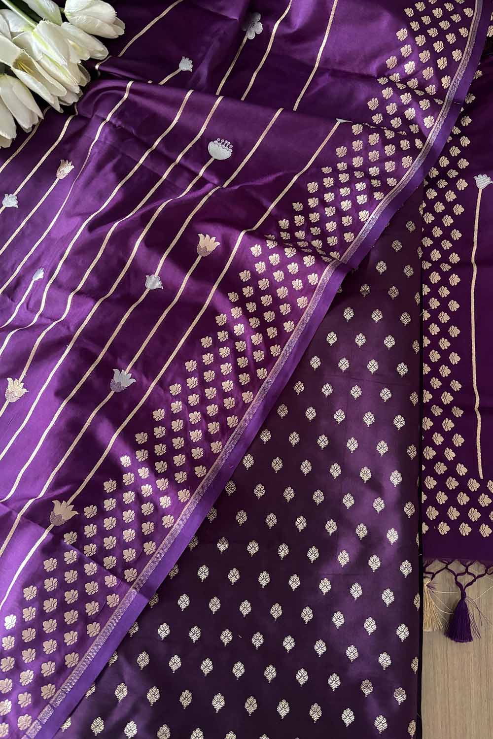 Elegant Purple Banarasi Silk Small Booti Design Suit With Purple Banarasi Silk Dupatta - Luxurion World