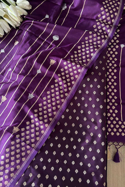 Elegant Purple Banarasi Silk Small Booti Design Suit With Purple Banarasi Silk Dupatta - Luxurion World