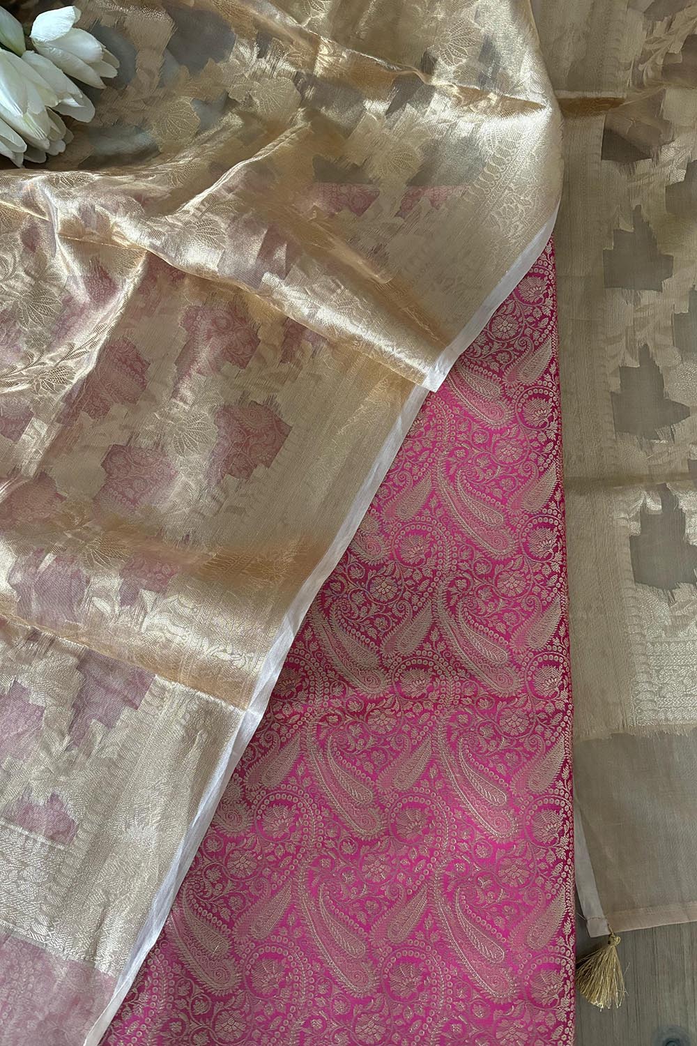 Pink Banarasi Silk Soft Brocade Flower Design Suit With Dyeable Banarasi Handloom Pure Tissue Silk Flower Design Dupatta - Luxurion World