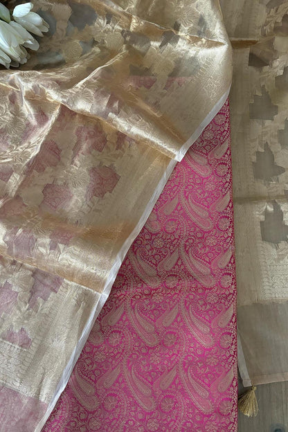 Pink Banarasi Silk Soft Brocade Flower Design Suit With Dyeable Banarasi Handloom Pure Tissue Silk Flower Design Dupatta - Luxurion World