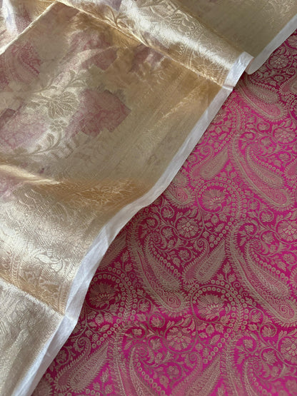 Pink Banarasi Silk Soft Brocade Flower Design Suit With Dyeable Banarasi Handloom Pure Tissue Silk Flower Design Dupatta - Luxurion World