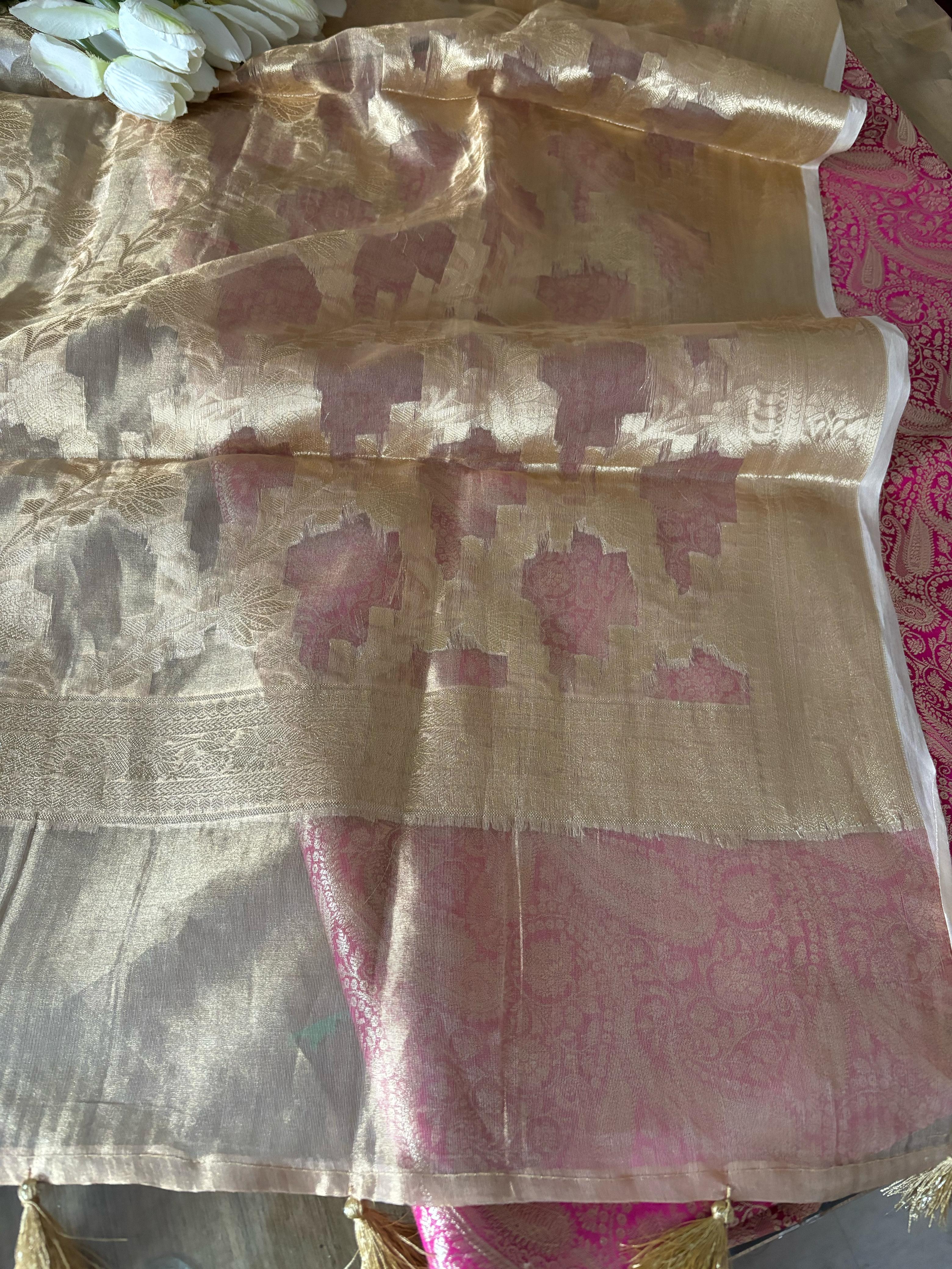 Pink Banarasi Silk Soft Brocade Flower Design Suit With Dyeable Banarasi Handloom Pure Tissue Silk Flower Design Dupatta - Luxurion World