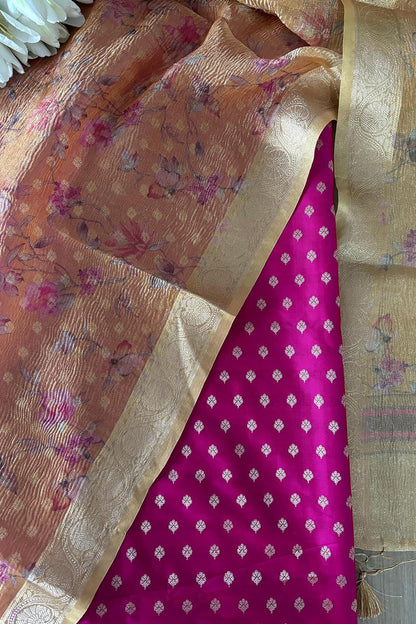 Stunning Pink Banarasi Silk Small Booti Design Suit With Yellow Digital Printed Crushed Tissue Floral Design Dupatta - Luxurion World