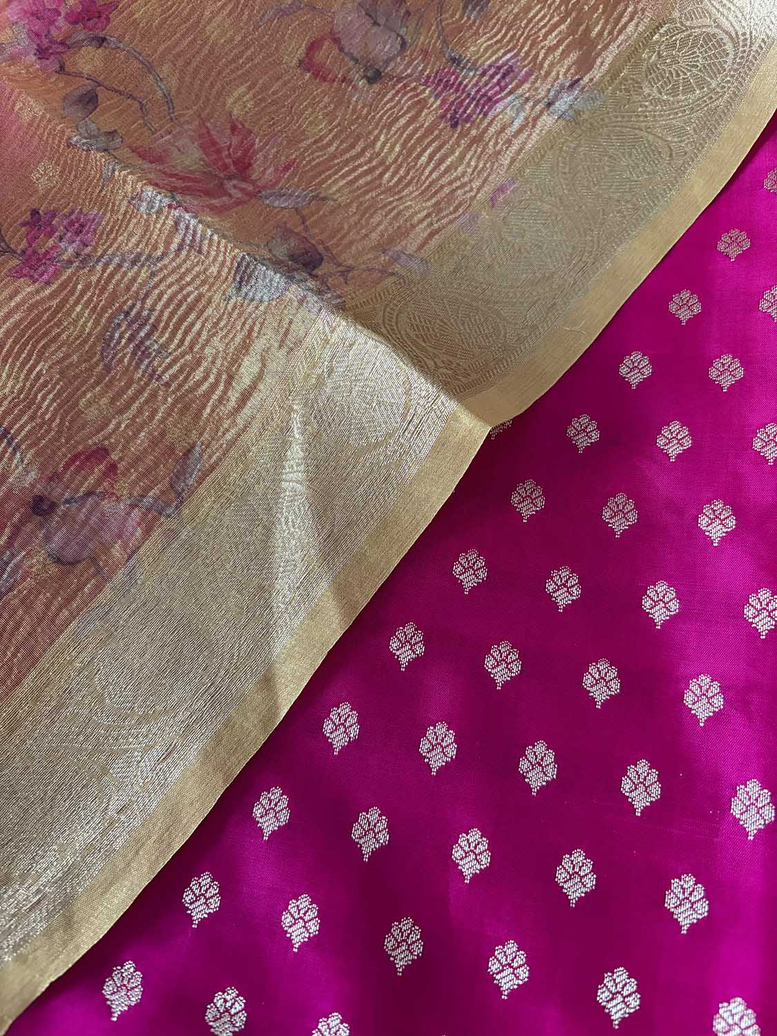 Stunning Pink Banarasi Silk Small Booti Design Suit With Yellow Digital Printed Crushed Tissue Floral Design Dupatta - Luxurion World