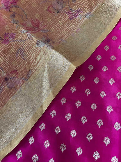 Stunning Pink Banarasi Silk Small Booti Design Suit With Yellow Digital Printed Crushed Tissue Floral Design Dupatta - Luxurion World