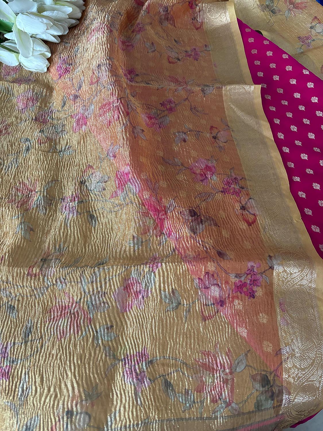 Stunning Pink Banarasi Silk Small Booti Design Suit With Yellow Digital Printed Crushed Tissue Floral Design Dupatta - Luxurion World