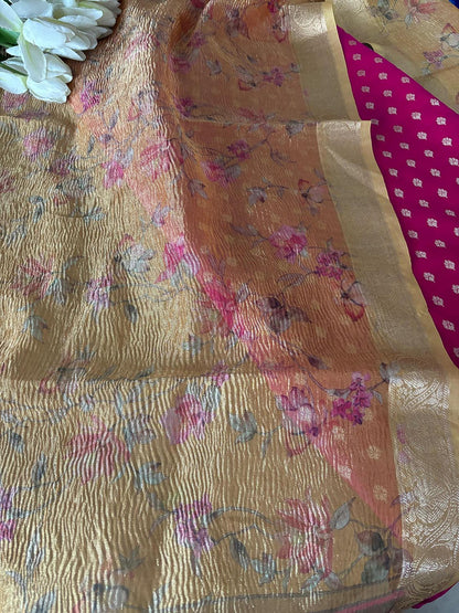 Stunning Pink Banarasi Silk Small Booti Design Suit With Yellow Digital Printed Crushed Tissue Floral Design Dupatta - Luxurion World