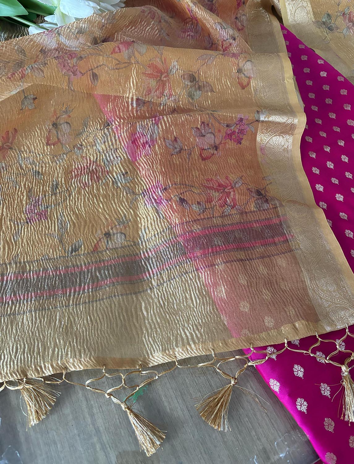 Stunning Pink Banarasi Silk Small Booti Design Suit With Yellow Digital Printed Crushed Tissue Floral Design Dupatta - Luxurion World