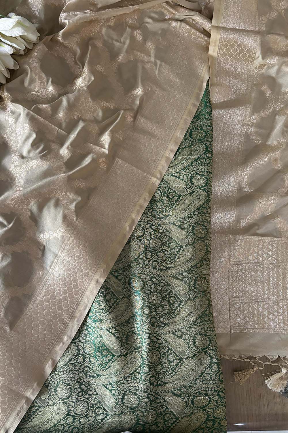 Green Banarasi Silk Soft Brocade Flower Design Suit With Pastel Banarasi Silk Dupatta - Luxurion World