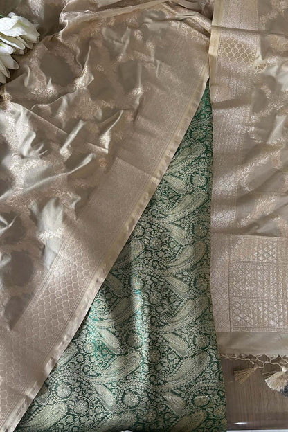 Green Banarasi Silk Soft Brocade Flower Design Suit With Pastel Banarasi Silk Dupatta - Luxurion World