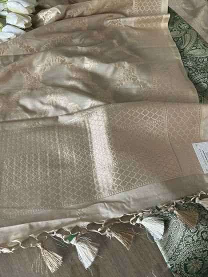 Green Banarasi Silk Soft Brocade Flower Design Suit With Pastel Banarasi Silk Dupatta - Luxurion World