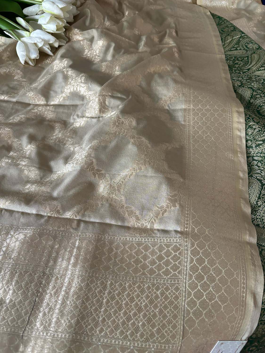 Green Banarasi Silk Soft Brocade Flower Design Suit With Pastel Banarasi Silk Dupatta - Luxurion World