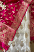 Stunning Dyeable Banarasi Handloom Pure Katan Silk Suit With Pink Banarasi Handloom Pure Katan Silk Dupatta - Luxurion World