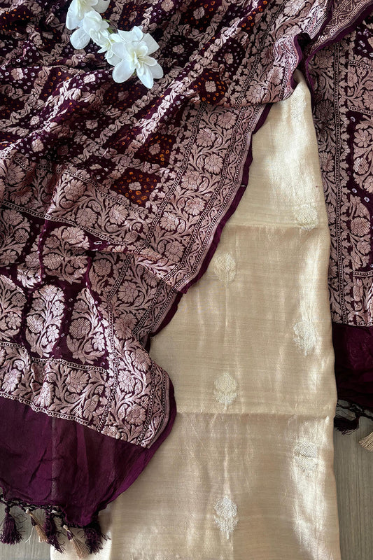 Elegant Pastel Banarasi Handloom Chiniya Silk Suit With Maroon Banarasi Bandhani Pure Georgette Dupatta - Luxurion World