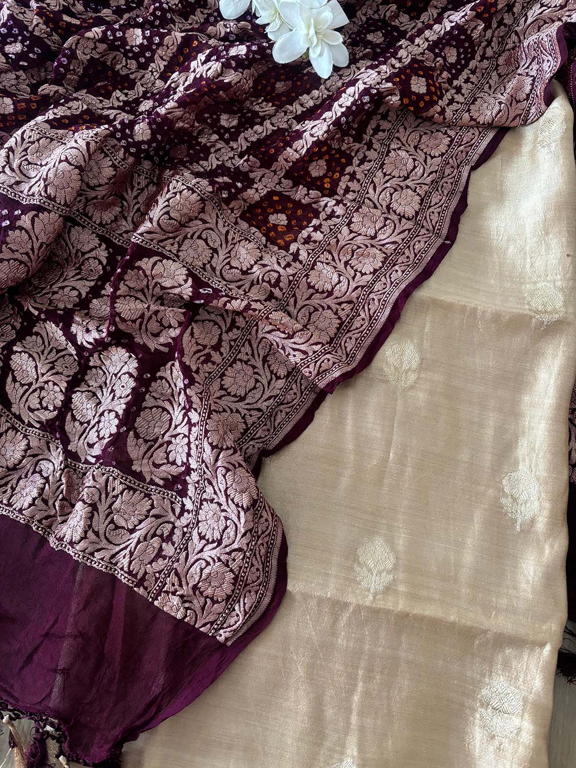Elegant Pastel Banarasi Handloom Chiniya Silk Suit With Maroon Banarasi Bandhani Pure Georgette Dupatta - Luxurion World