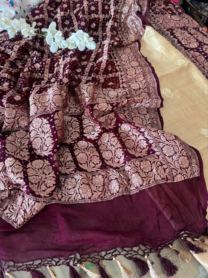 Elegant Pastel Banarasi Handloom Chiniya Silk Suit With Maroon Banarasi Bandhani Pure Georgette Dupatta - Luxurion World