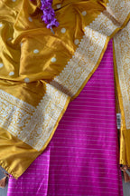 Pink Banarasi Handloom Chiniya Silk Stripes Design Suit With Yellow Handloom Banarasi Pure Katan Silk Dupatta - Luxurion World