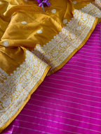 Pink Banarasi Handloom Chiniya Silk Stripes Design Suit With Yellow Handloom Banarasi Pure Katan Silk Dupatta - Luxurion World