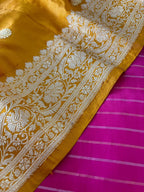 Pink Banarasi Handloom Chiniya Silk Stripes Design Suit With Yellow Handloom Banarasi Pure Katan Silk Dupatta - Luxurion World