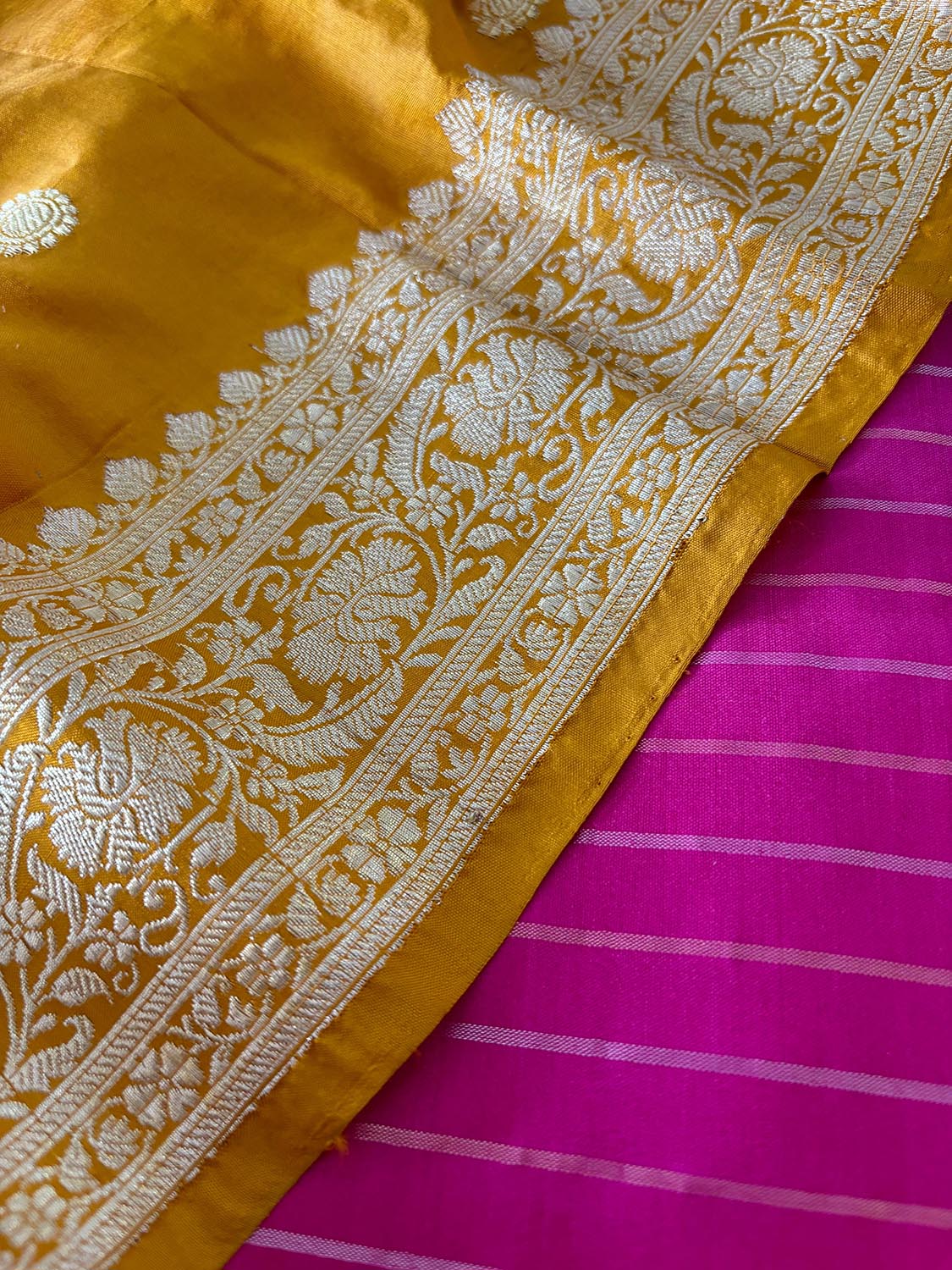 Pink Banarasi Handloom Chiniya Silk Stripes Design Suit With Yellow Handloom Banarasi Pure Katan Silk Dupatta - Luxurion World