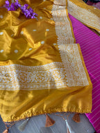 Pink Banarasi Handloom Chiniya Silk Stripes Design Suit With Yellow Handloom Banarasi Pure Katan Silk Dupatta - Luxurion World
