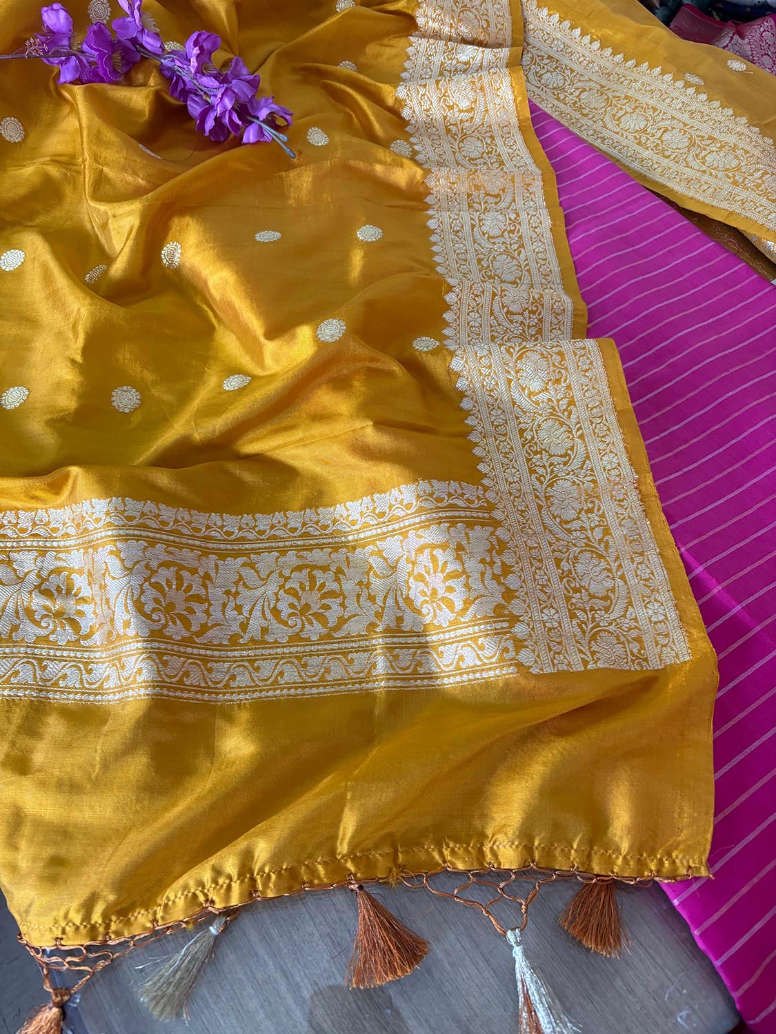 Pink Banarasi Handloom Chiniya Silk Stripes Design Suit With Yellow Handloom Banarasi Pure Katan Silk Dupatta - Luxurion World
