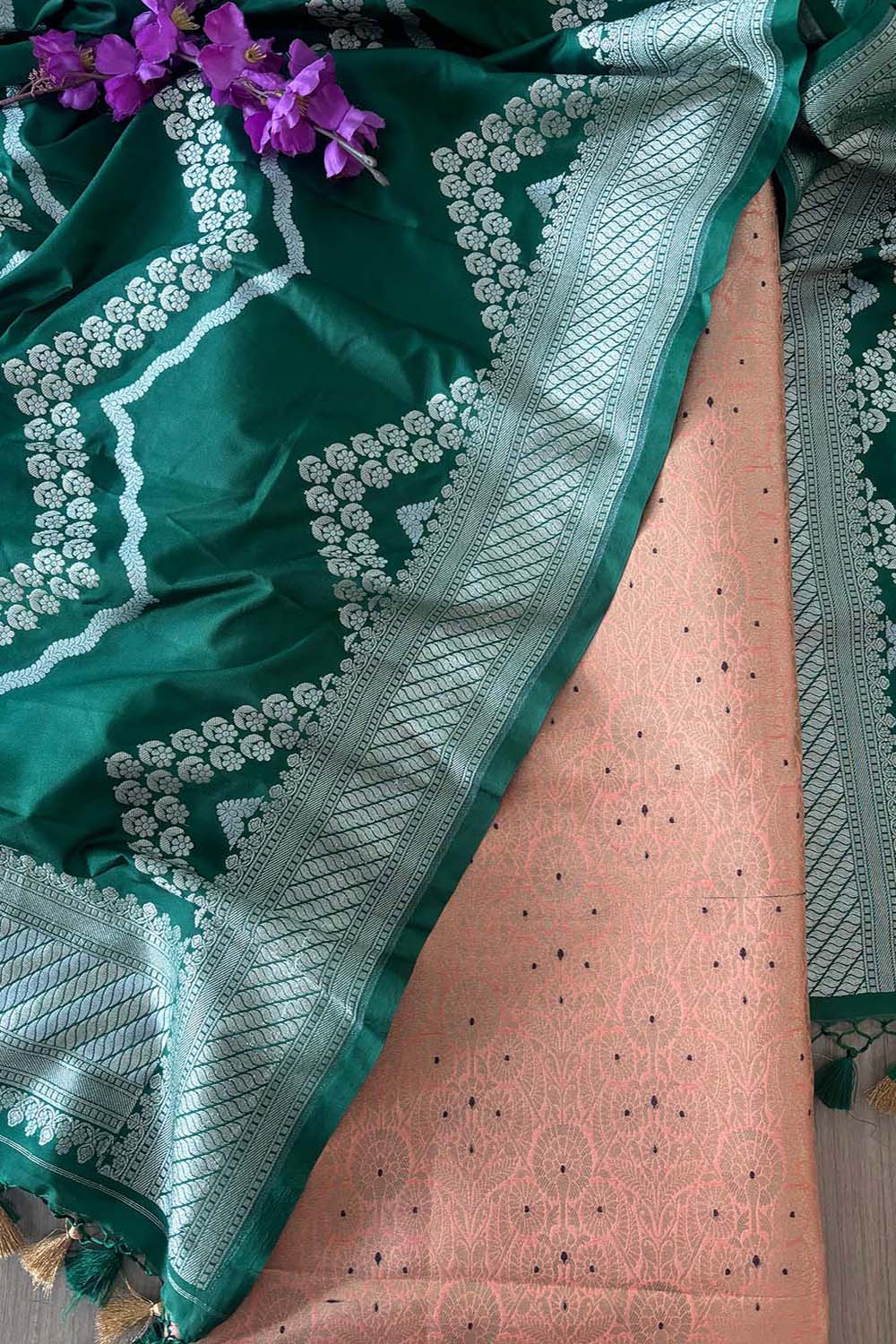 Elegant Peach Banarasi Silk Brocade Meenakari Suit With Green Banarasi Silk Dupatta - Luxurion World