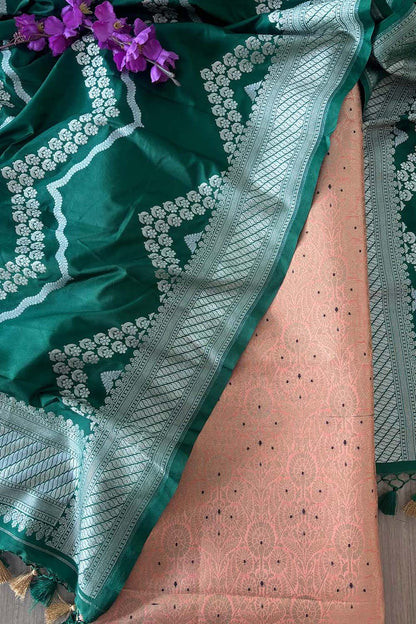 Elegant Peach Banarasi Silk Brocade Meenakari Suit With Green Banarasi Silk Dupatta - Luxurion World