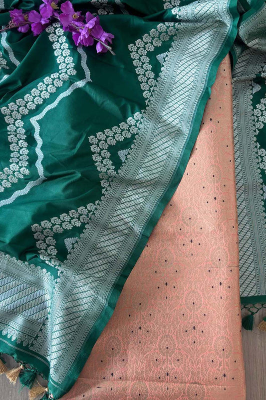 Elegant Peach Banarasi Silk Brocade Meenakari Suit With Green Banarasi Silk Dupatta - Luxurion World
