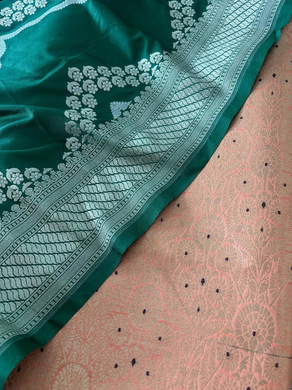 Elegant Peach Banarasi Silk Brocade Meenakari Suit With Green Banarasi Silk Dupatta - Luxurion World