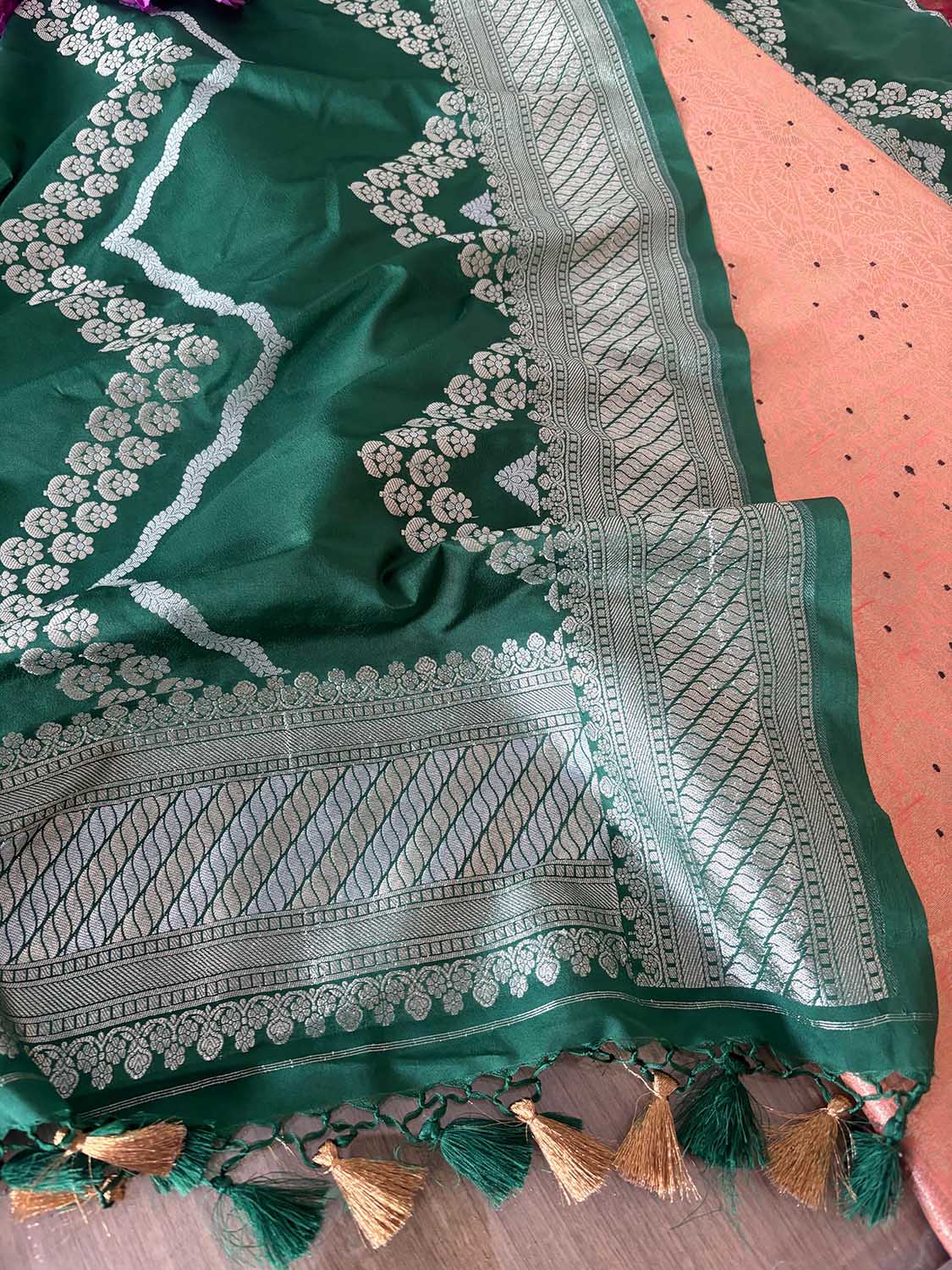 Elegant Peach Banarasi Silk Brocade Meenakari Suit With Green Banarasi Silk Dupatta - Luxurion World