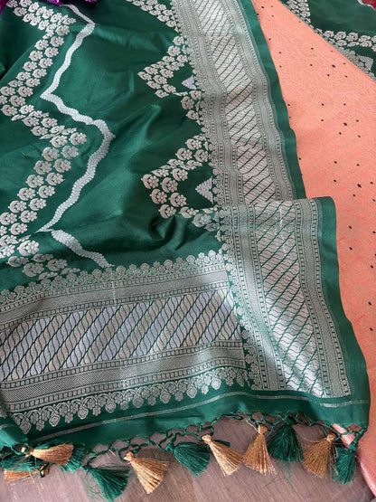 Elegant Peach Banarasi Silk Brocade Meenakari Suit With Green Banarasi Silk Dupatta - Luxurion World