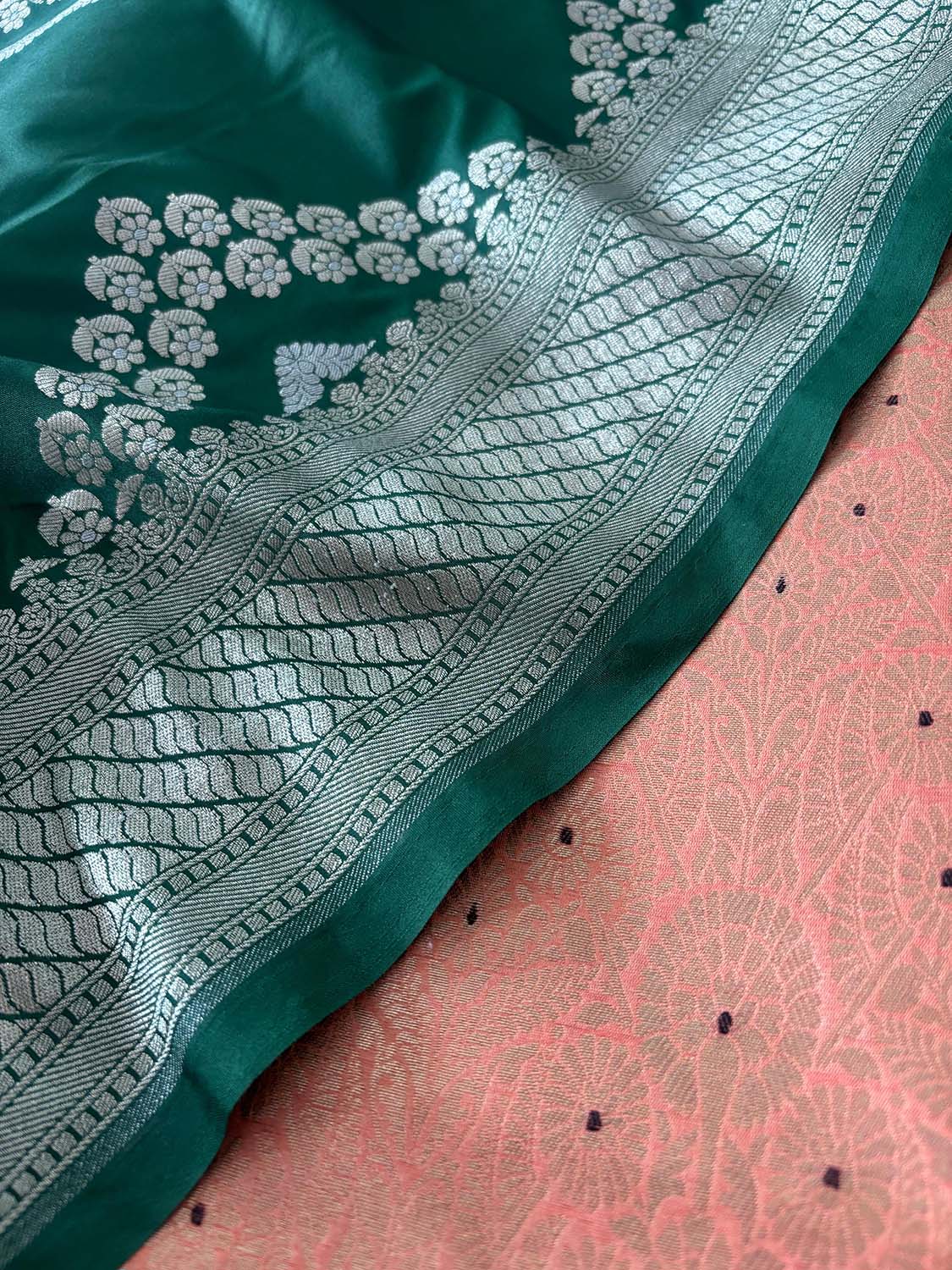 Elegant Peach Banarasi Silk Brocade Meenakari Suit With Green Banarasi Silk Dupatta - Luxurion World