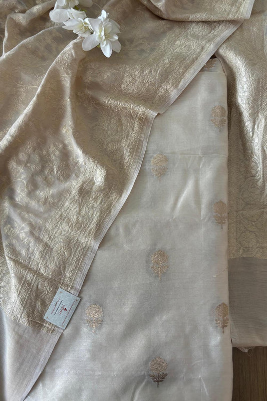 Elegant Dyeable Banarasi Handloom Chiniya Silk Suit With Dyeable Banarasi Handloom Pure Moonga Silk Flower Design Jaal Work Dupatta - Luxurion World