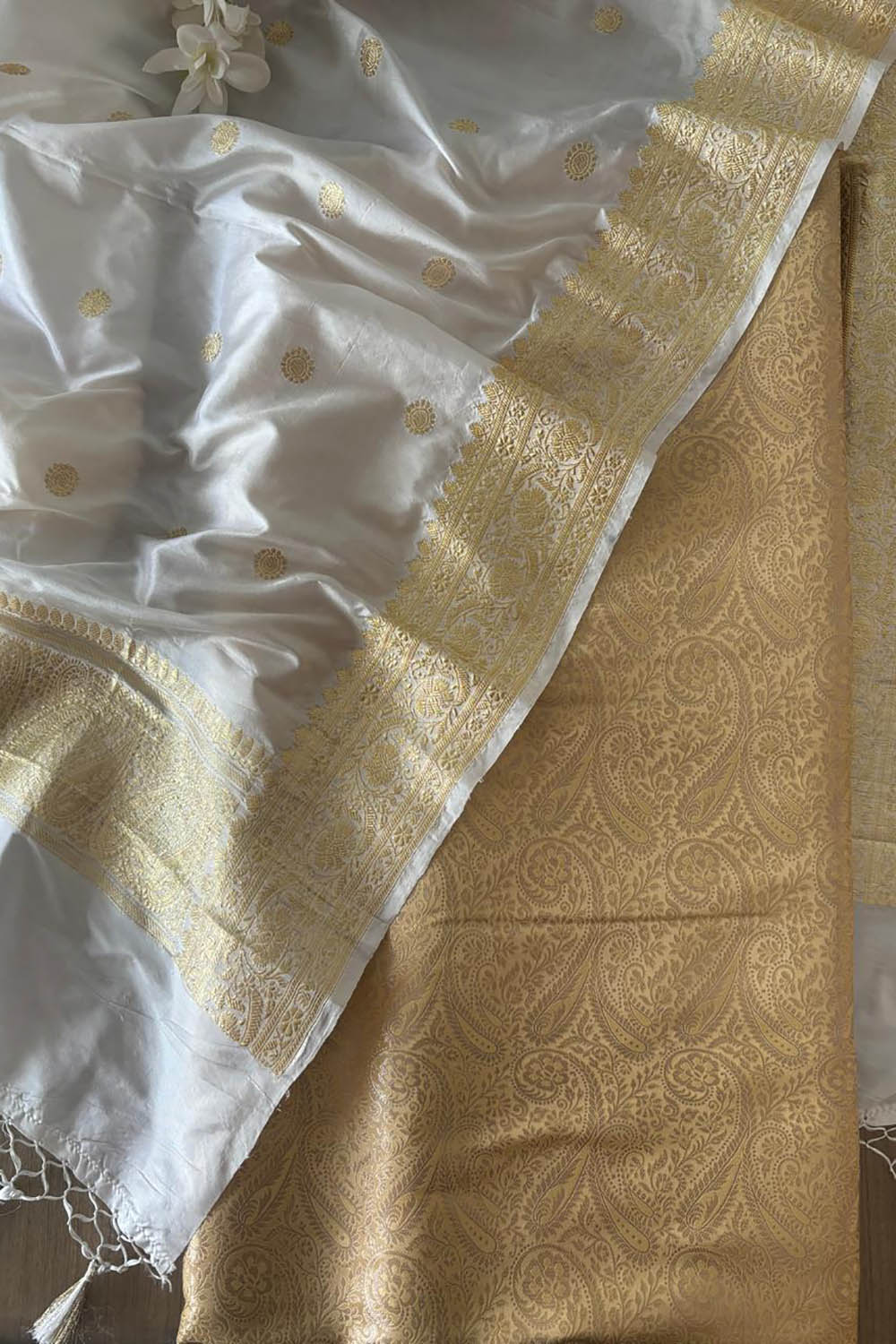 Golden Banarasi Silk Soft Brocade Flower Design Suit With White Handloom Banarasi Pure Katan Silk Dupatta - Luxurion World