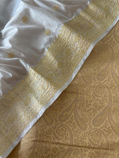 Golden Banarasi Silk Soft Brocade Flower Design Suit With White Handloom Banarasi Pure Katan Silk Dupatta - Luxurion World