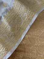 Golden Banarasi Silk Soft Brocade Flower Design Suit With White Handloom Banarasi Pure Katan Silk Dupatta - Luxurion World