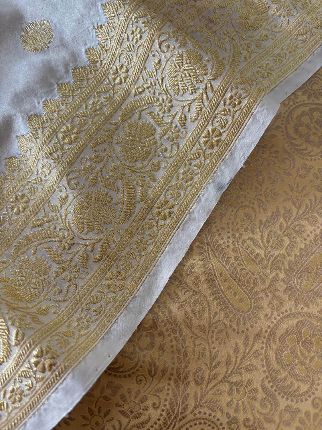 Golden Banarasi Silk Soft Brocade Flower Design Suit With White Handloom Banarasi Pure Katan Silk Dupatta - Luxurion World