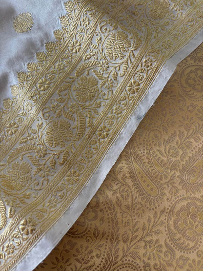 Golden Banarasi Silk Soft Brocade Flower Design Suit With White Handloom Banarasi Pure Katan Silk Dupatta - Luxurion World