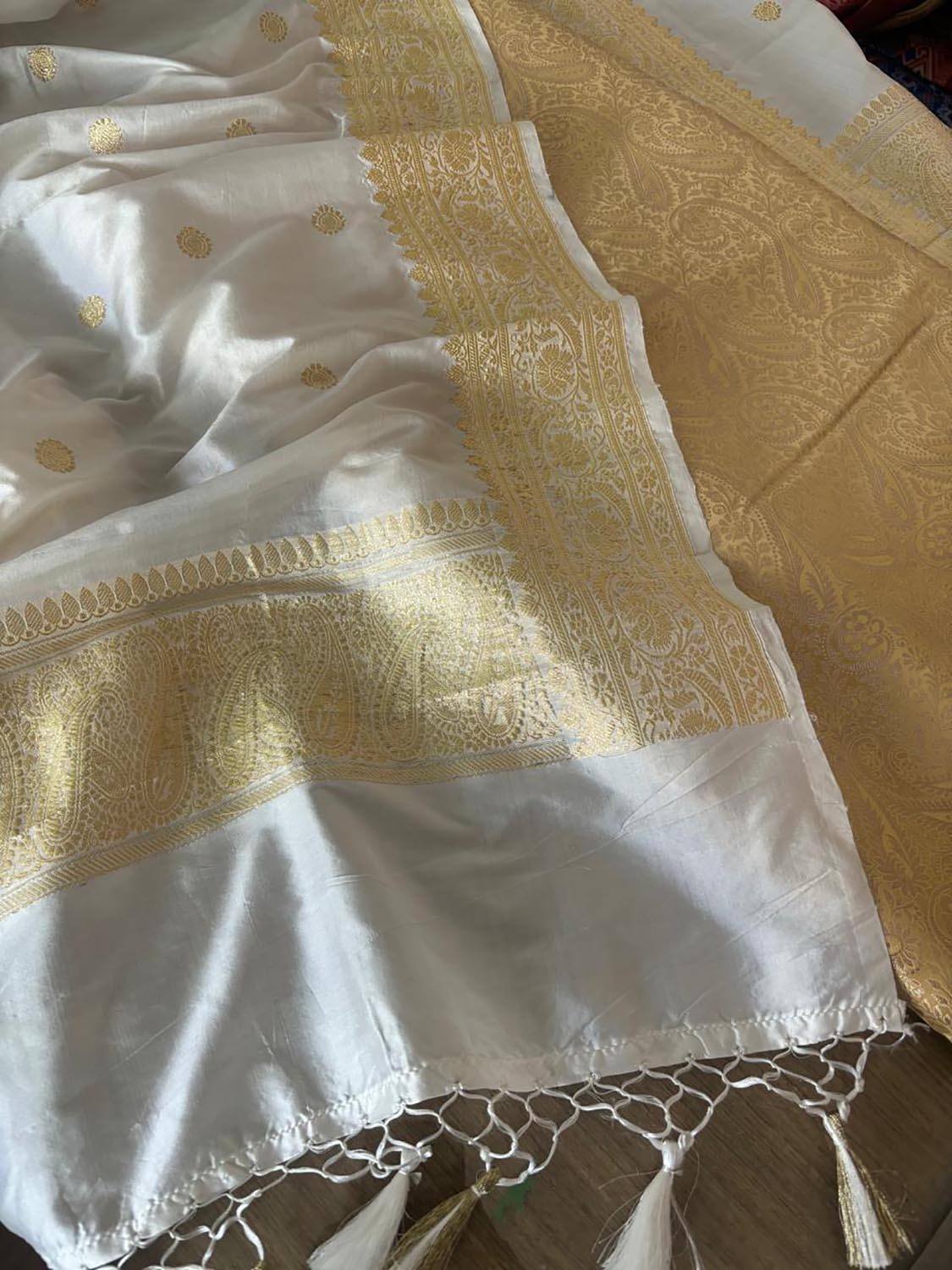 Golden Banarasi Silk Soft Brocade Flower Design Suit With White Handloom Banarasi Pure Katan Silk Dupatta - Luxurion World