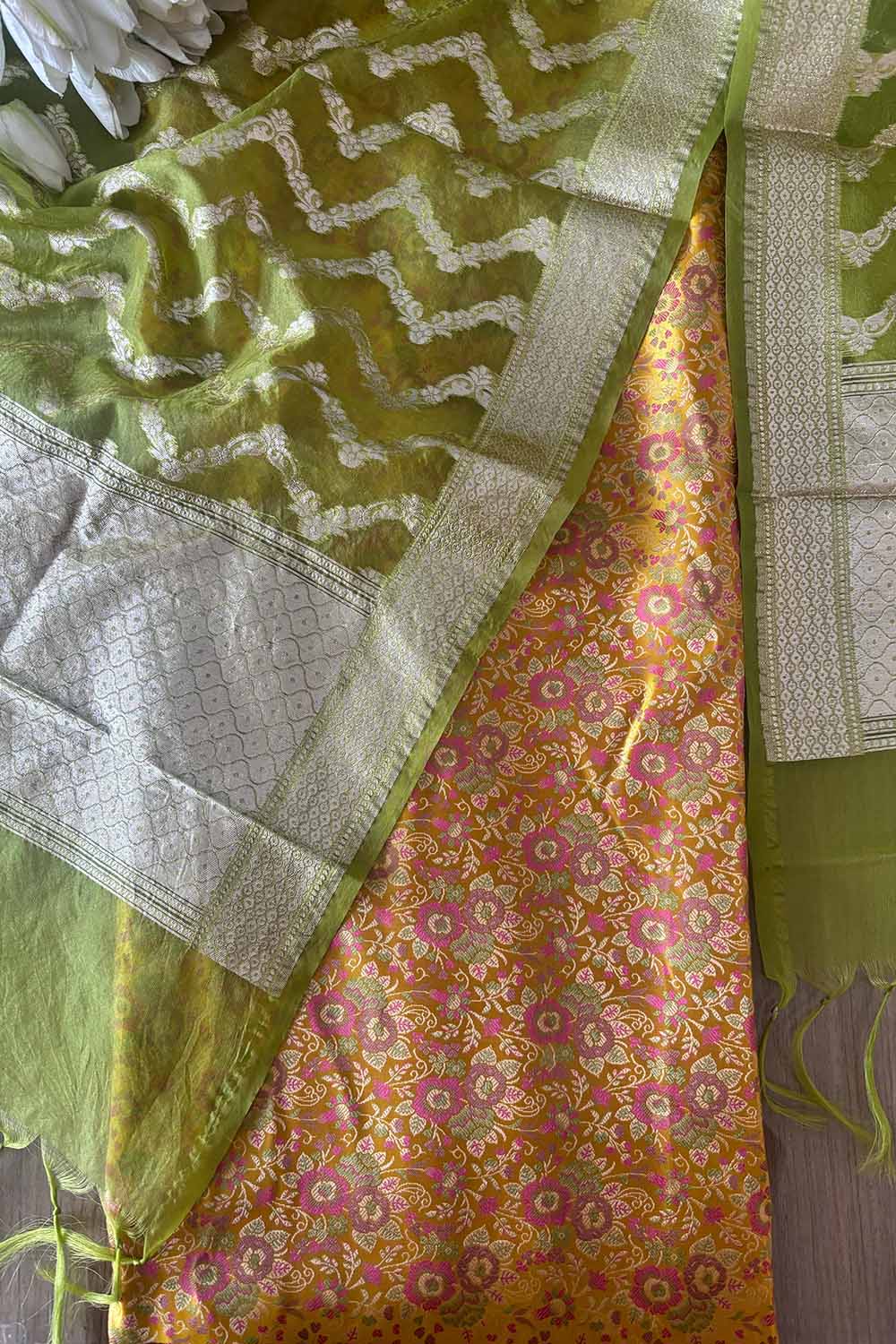 Yellow Banarasi Silk Tanchui Suit With Green Banarasi Organza Dupatta - Luxurion World