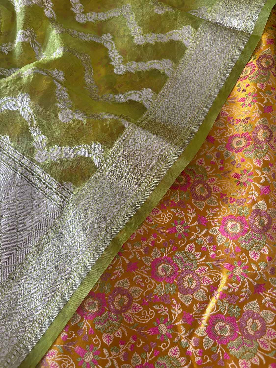 Yellow Banarasi Silk Tanchui Suit With Green Banarasi Organza Dupatta - Luxurion World