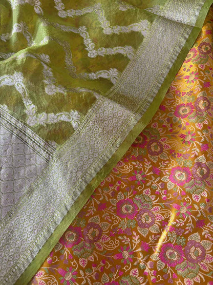 Yellow Banarasi Silk Tanchui Suit With Green Banarasi Organza Dupatta - Luxurion World