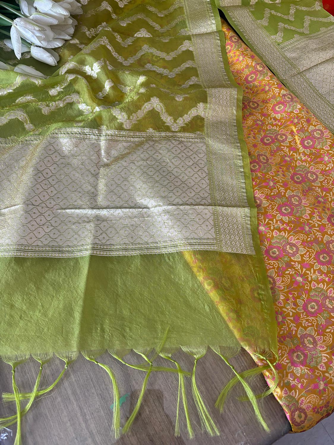Yellow Banarasi Silk Tanchui Suit With Green Banarasi Organza Dupatta - Luxurion World
