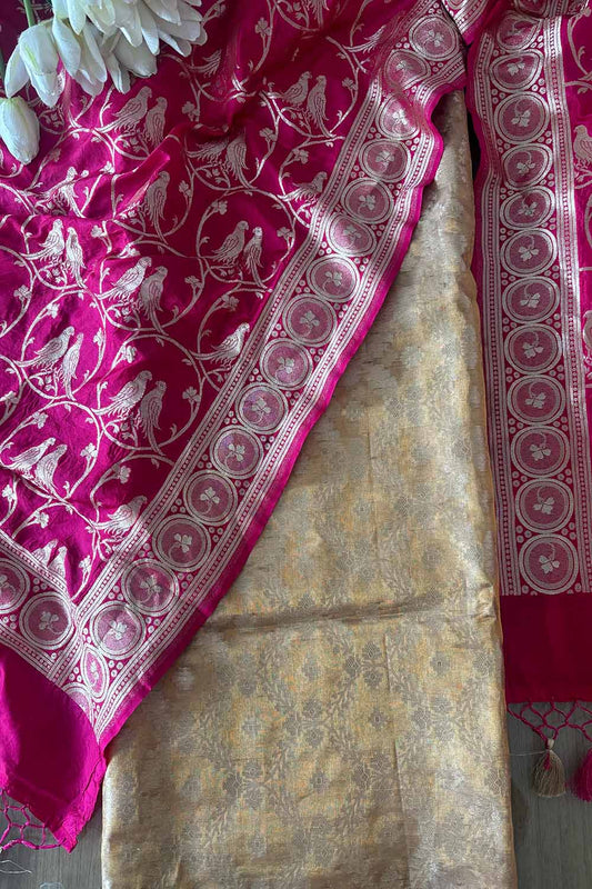 Dyeable Banarasi Pure Tissue Silk Suit With Pink Banarasi Silk Parrot Design Dupatta - Luxurion World