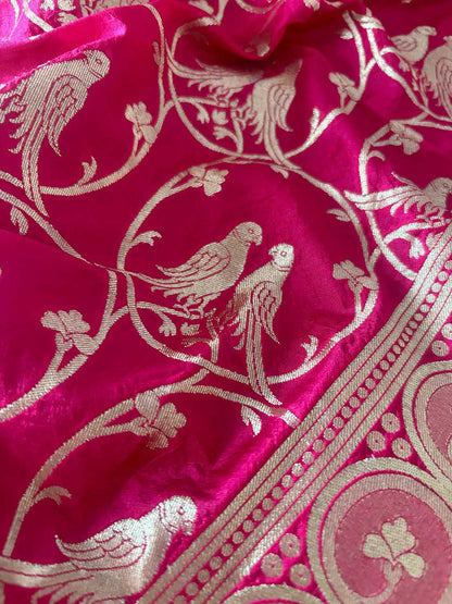 Dyeable Banarasi Pure Tissue Silk Suit With Pink Banarasi Silk Parrot Design Dupatta - Luxurion World