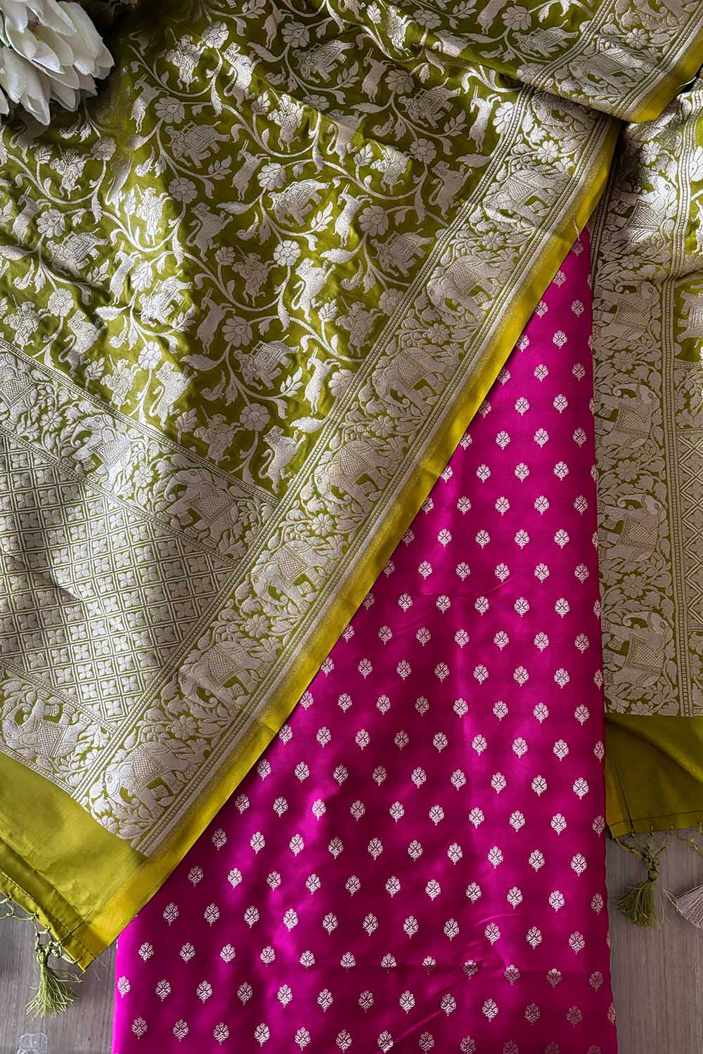 Stunning Pink Banarasi Silk Suit with Green Dupatta