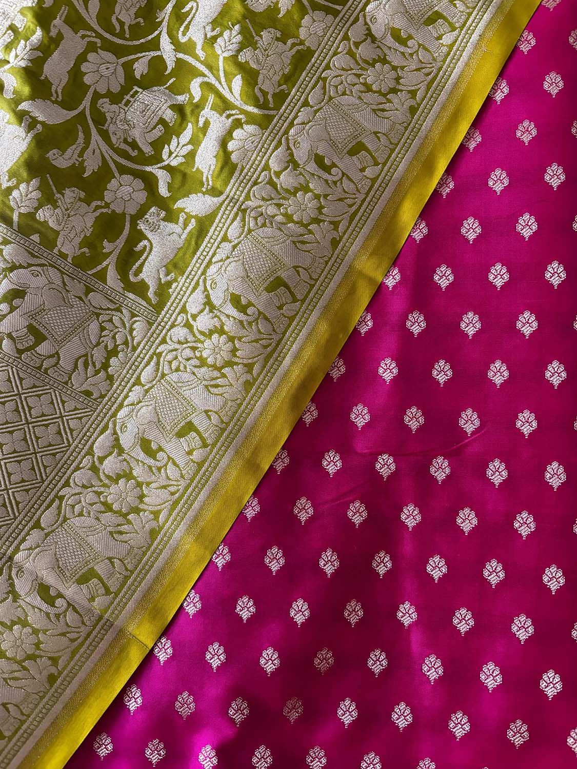Stunning Pink Banarasi Silk Suit with Green Dupatta
