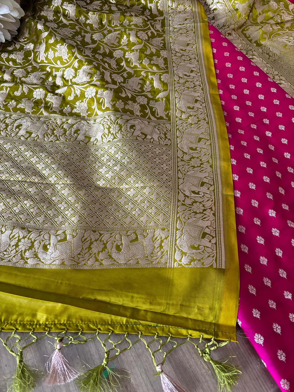 Stunning Pink Banarasi Silk Suit with Green Dupatta