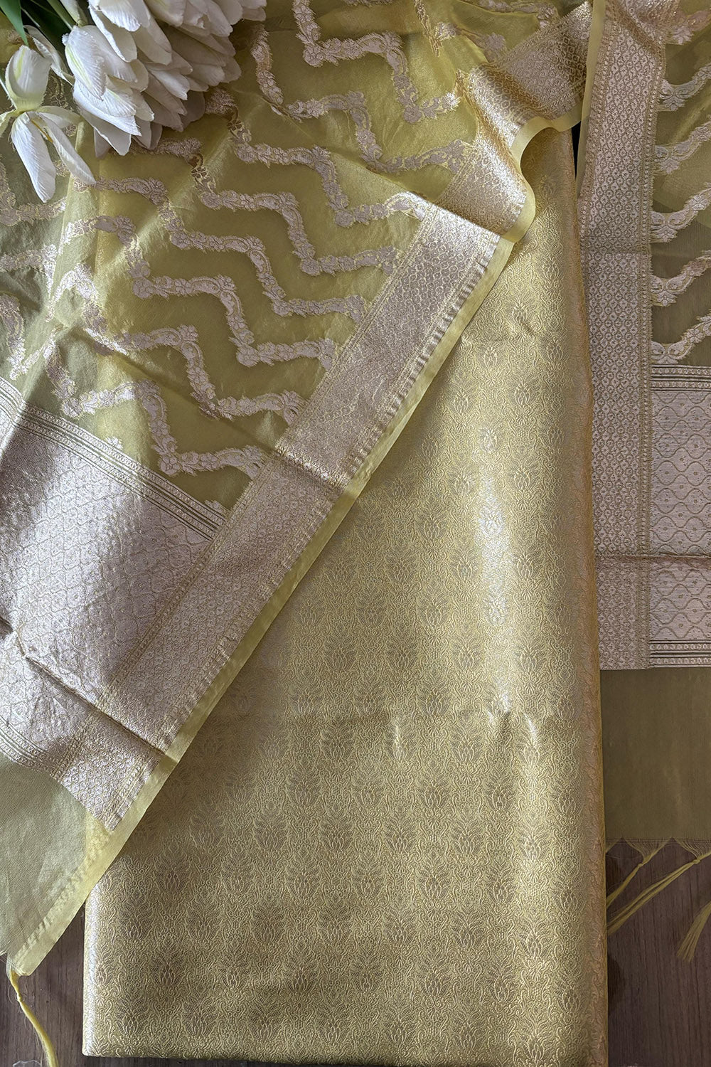 Green Banarasi Brocade Silk Suit With Yellow Banarasi Organza Dupatta - Luxurion World